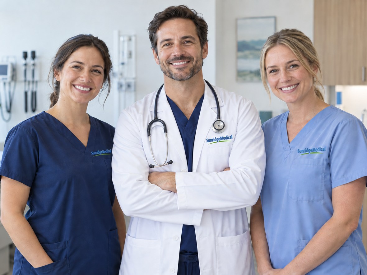A smiling doctor and two nurses standing together in a modern clinical room
